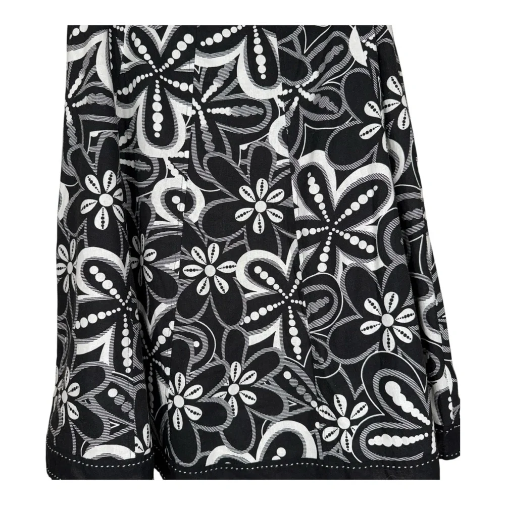 Carole Little Black & White Floral Print A-Line Linen Blend Midi Skirt Size 12